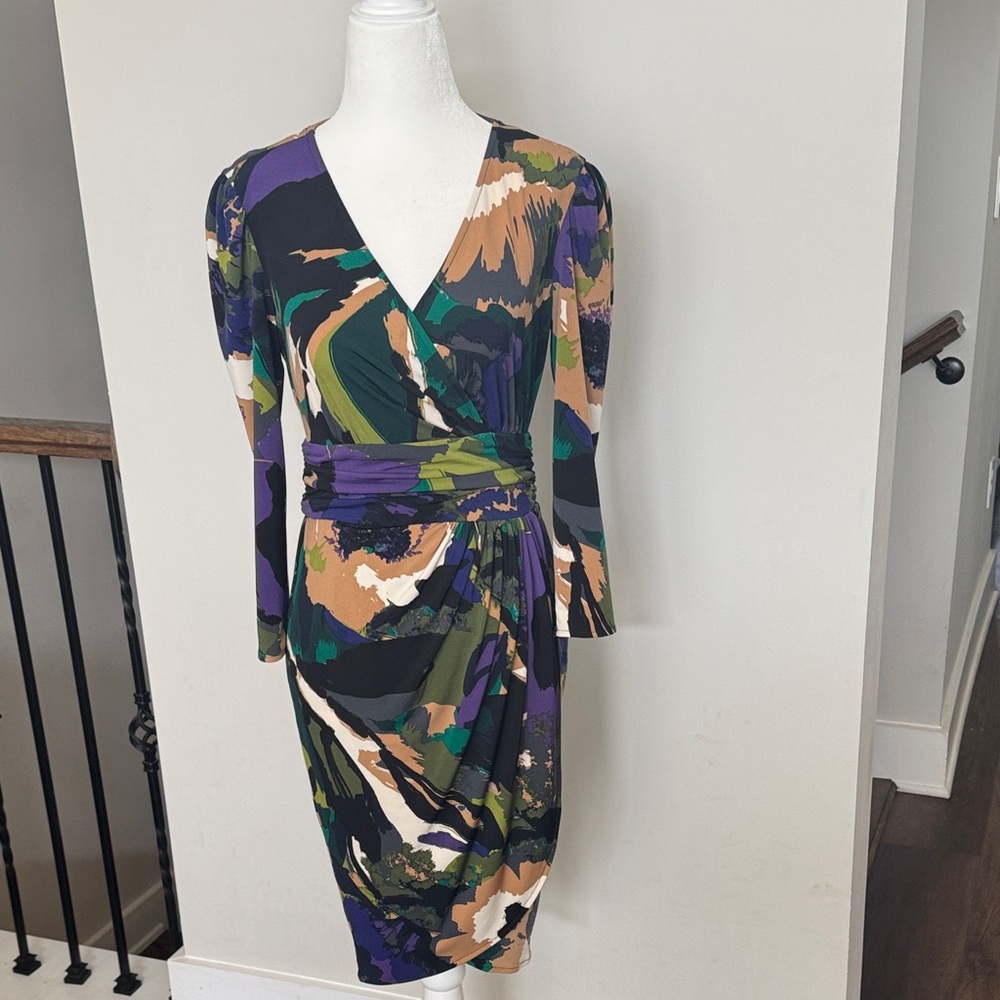 Donna Morgan Multi-Colored Camouflage Wrap Dress (Size 4)